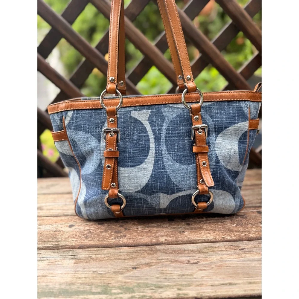 Coach Denim East West Gallery Tote Jacquard Signature C Blue Tan Leather Y2K